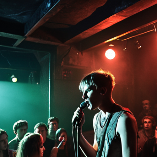 Home 18 **A dimly lit underground music club in St. Petersburg, Russia. A post-punk band is performing on a small stage, the lead singer passionately delivering raw lyrics into the microphone. The audience is a mix of young people with alternative fashion, immersed in the dark and energetic atmosphere. Smoke and vibrant stage lights fill the space. In the style of a gritty, documentary photograph.**