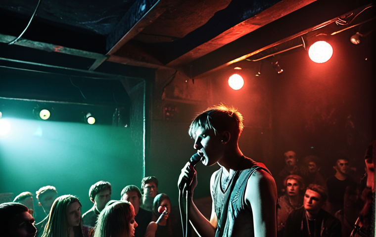 **A dimly lit underground music club in St. Petersburg, Russia. A post-punk band is performing on a small stage, the lead singer passionately delivering raw lyrics into the microphone. The audience is a mix of young people with alternative fashion, immersed in the dark and energetic atmosphere. Smoke and vibrant stage lights fill the space. In the style of a gritty, documentary photograph.**