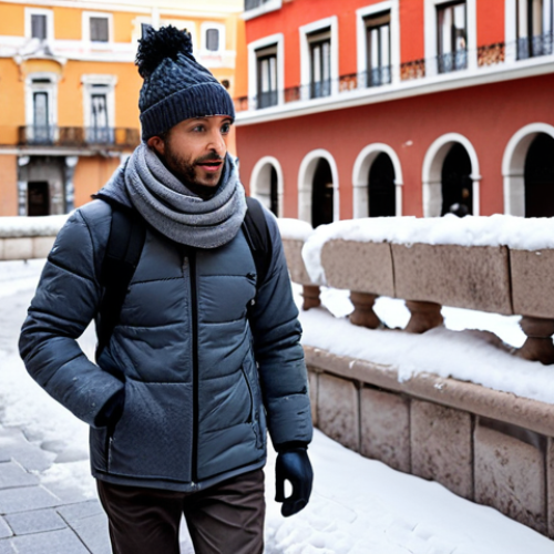 Home 17 A person layered in warm winter clothing (thermal base layers, fleece jacket, down coat, waterproof gloves, wool hat, scarf) walking in a snowy city street in Madrid, Spain. Focus on demonstrating the concept of layering for warmth and protection from the cold. The background features typical Spanish architecture with a dusting of snow.