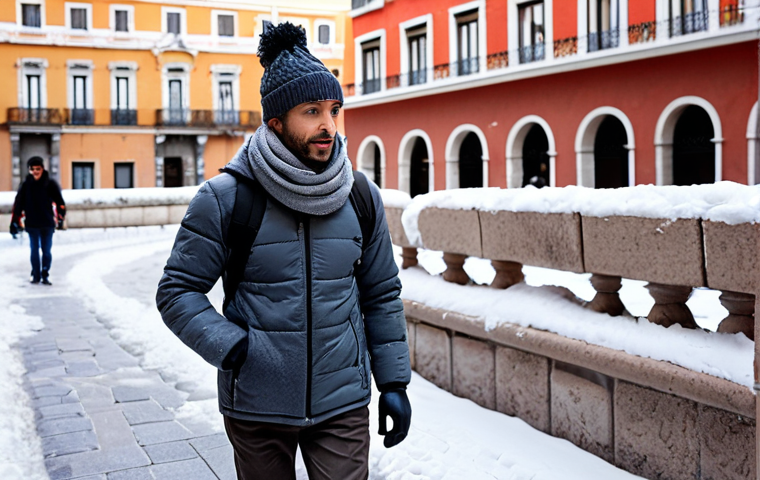 A person layered in warm winter clothing (thermal base layers, fleece jacket, down coat, waterproof gloves, wool hat, scarf) walking in a snowy city street in Madrid, Spain. Focus on demonstrating the concept of layering for warmth and protection from the cold. The background features typical Spanish architecture with a dusting of snow.