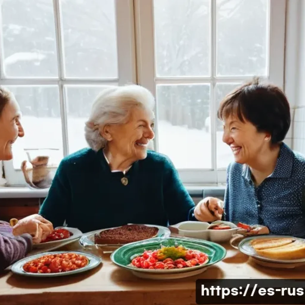 러시아 요리의 세계적 인기 - **Prompt:** A heartwarming, authentic Russian family dinner scene. A multi-generational family, incl...