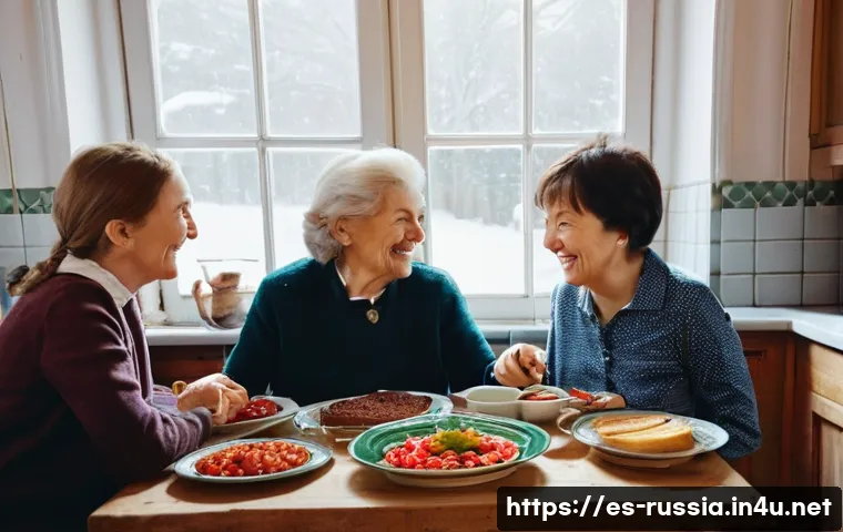 러시아 요리의 세계적 인기 - **Prompt:** A heartwarming, authentic Russian family dinner scene. A multi-generational family, incl...