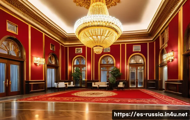 러시아의 주요 호텔 리뷰 - A luxurious five-star hotel lobby in Moscow featuring classic Russian decor with ornate chandeliers,...