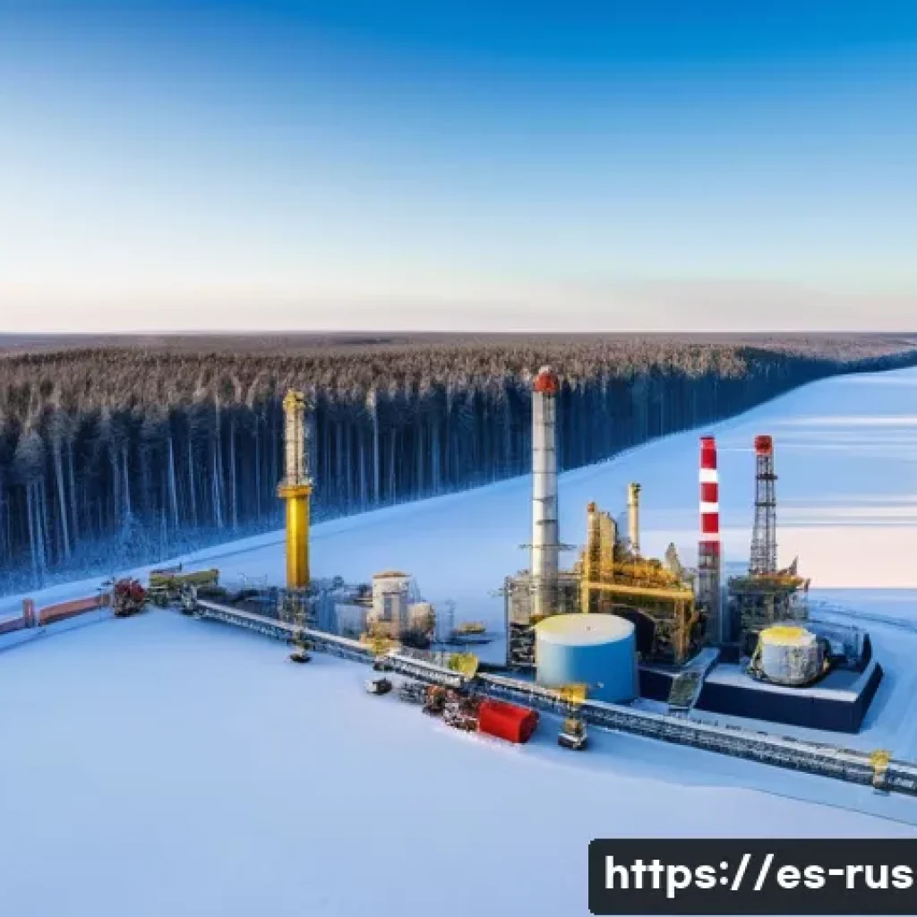 러시아 무역과 투자 정보 - A detailed panoramic scene of a Siberian natural gas extraction site during winter, showcasing advan...