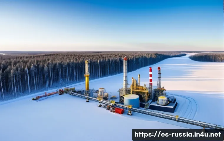 러시아 무역과 투자 정보 - A detailed panoramic scene of a Siberian natural gas extraction site during winter, showcasing advan...