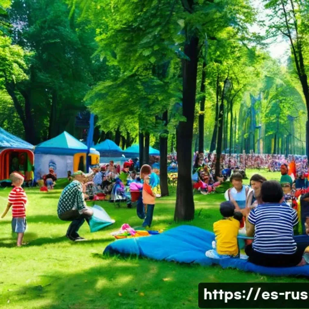 러시아 국민들의 여가활동 - A vibrant summer scene in a Russian city park, filled with diverse families and young people enjoyin...