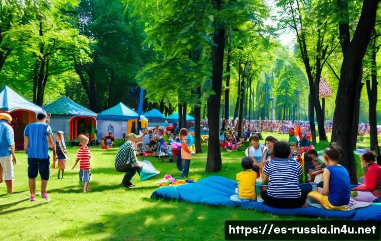 러시아 국민들의 여가활동 - A vibrant summer scene in a Russian city park, filled with diverse families and young people enjoyin...