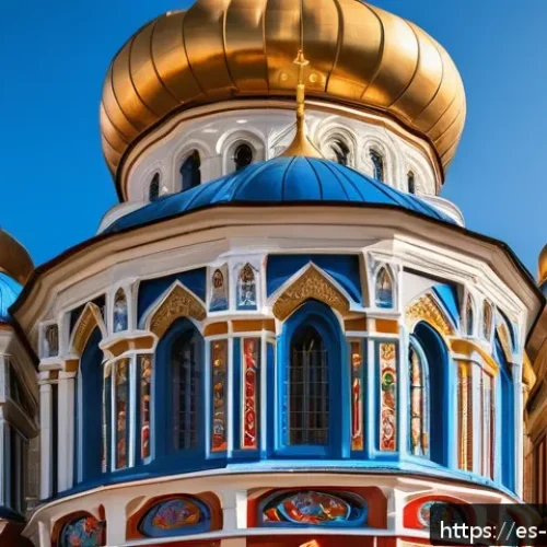Home 33 러시아 전통 건축물 투어 - A vibrant Russian Orthodox church exterior featuring multiple onion-shaped domes painted in rich gol...