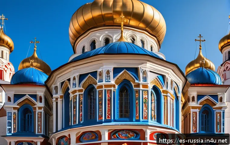 러시아 전통 건축물 투어 - A vibrant Russian Orthodox church exterior featuring multiple onion-shaped domes painted in rich gol...