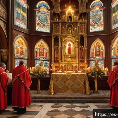 Home 32 러시아 정교회 예배 - A solemn Orthodox Christian liturgy inside a richly decorated church, featuring an ornate iconostasi...
