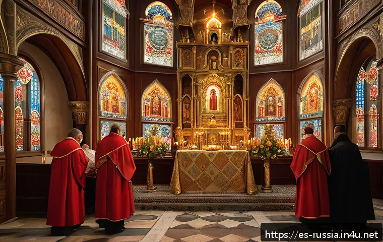 러시아 정교회 예배 - A solemn Orthodox Christian liturgy inside a richly decorated church, featuring an ornate iconostasi...