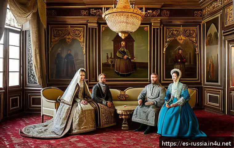 톨스토이 작품과 배경 - A detailed 19th-century Russian noble family scene set in an opulent manor, showcasing a multi-gener...