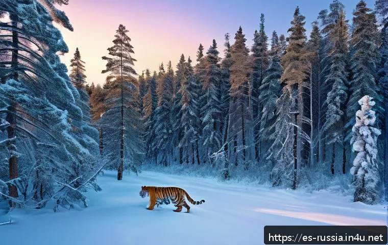 러시아 야생 동물 보호 - A high-resolution image of a Siberian tiger in a dense, snowy Russian forest, captured by a drone fl...