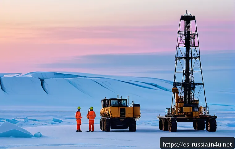 러시아 자원 개발 프로젝트 - A high-tech oil extraction site in the remote Siberian Arctic during twilight, featuring autonomous ...