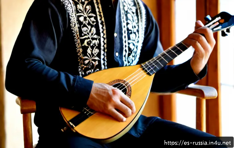 Home 17 러시아 민족 악기 연주법 - Photorealistic close-up of a skilled musician demonstrating Russian balalaika technique, seated upri...