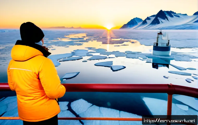 Home 17 러시아 북극 탐험 여행 - Photorealistic Arctic expedition travel scene in Russia, a warmly dressed Spanish-speaking tourist c...