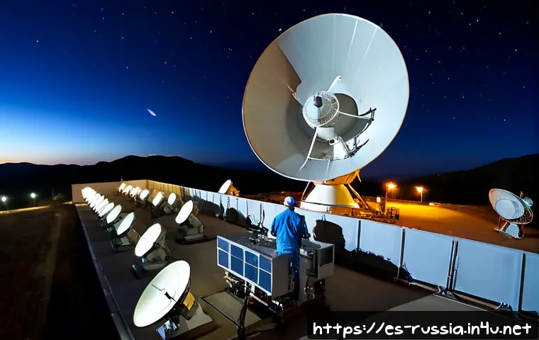 러시아의 위성 통신 기술 - Photorealistic wide-angle view of a modern satellite communications ground station in southern Spain...