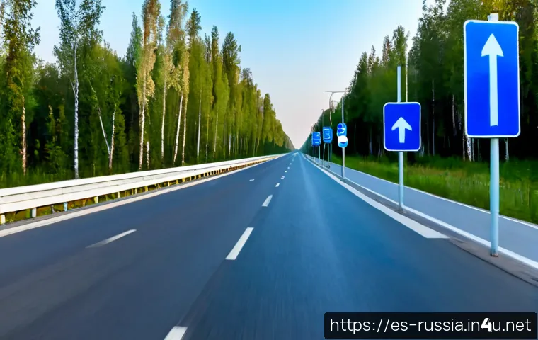 Home 17 러시아의 주요 도로명과 안내 - Photorealistic roadside scene on a major Russian highway near Moscow, broad multi-lane asphalt road ...